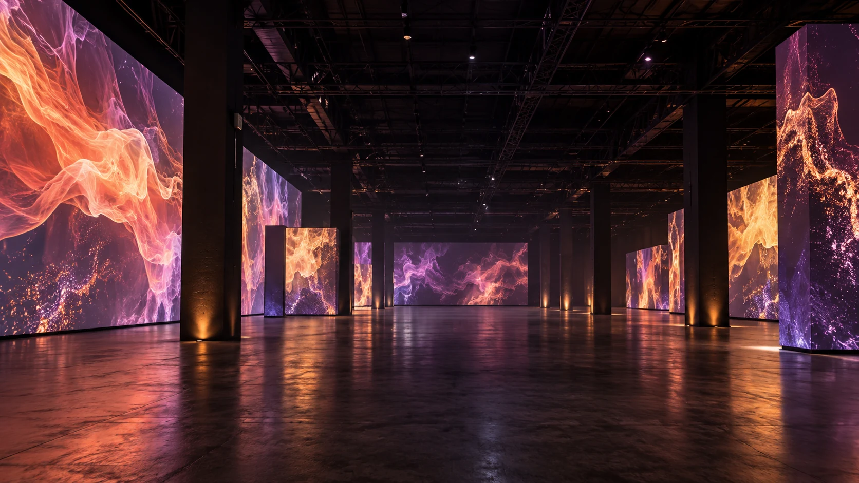 An immersive hall at Magic Box Event Campus with projected art on every wall